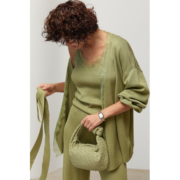 Костюм женский трикотажный кардиган топ брюки хаки Lurex