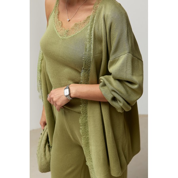 Костюм женский трикотажный кардиган топ брюки хаки Lurex