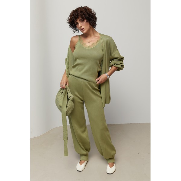 Костюм женский трикотажный кардиган топ брюки хаки Lurex