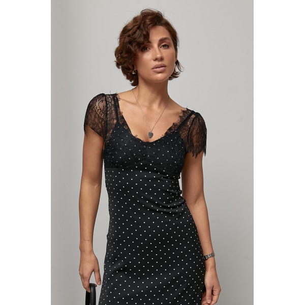 Плаття жіноче довге в горох з мереживними рукавами Lurex