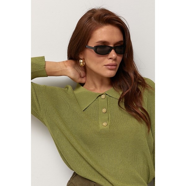 Кофта жіноча поло вязана вільна зелена Lurex