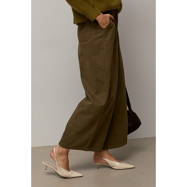 Брюки женские широкие котон высокая посадка хаки Lurex