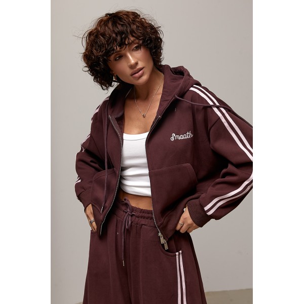 Костюм женский теплый спортивный с лампасами из хлопка баклажановый Lurex