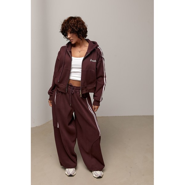 Костюм женский теплый спортивный с лампасами из хлопка баклажановый Lurex