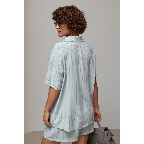Костюм женский льняной в полоску с шортами голубой Lurex