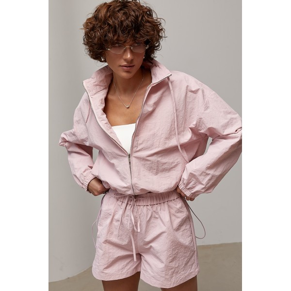 Костюм спортивный куртка шорты плащевка пудра Lurex