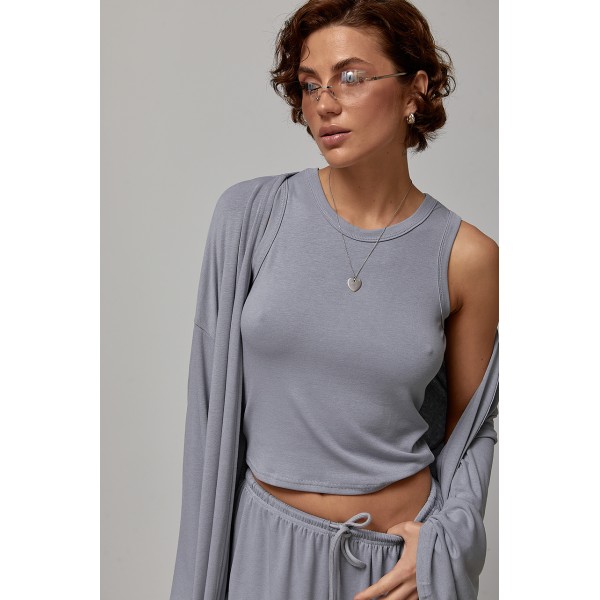 Костюм женский трикотажный с кардиганом и аладинами джинс Lurex