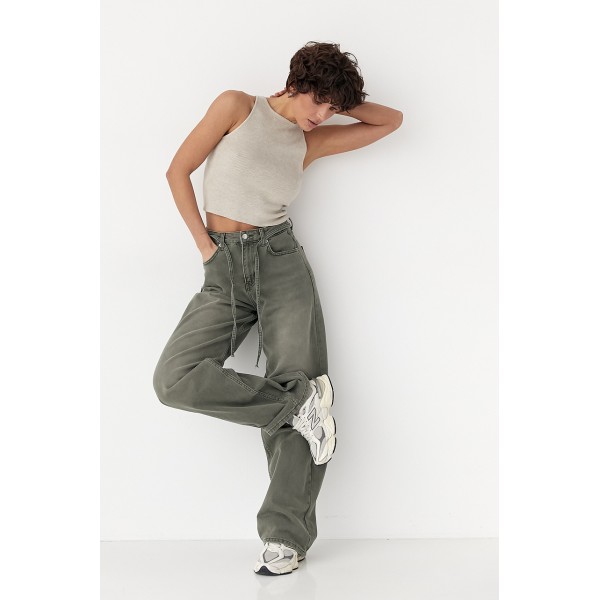 Женские хлопковые джинсы палаццо на завязках хаки Lurex