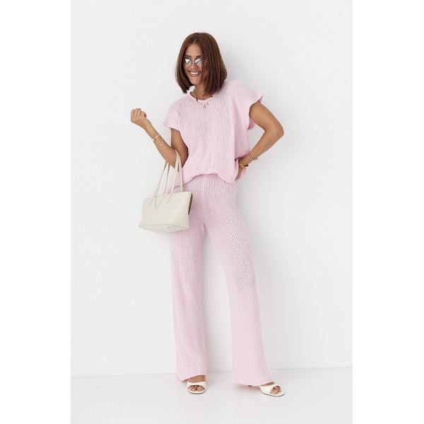 Костюм женский вязаный ажурный вискозный розовый Lurex