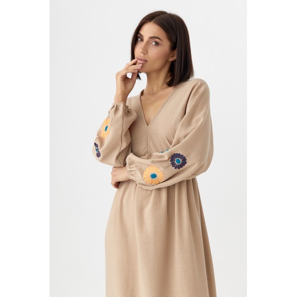 Женское платье макси с вышивкой хлопковое кофейное Lurex