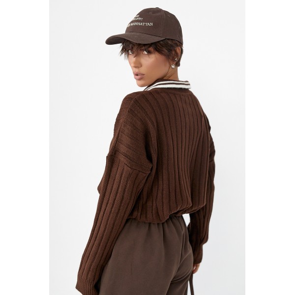 Кофта-поло жіноча бавовняна в рубчик на блискавці коричнева Lurex