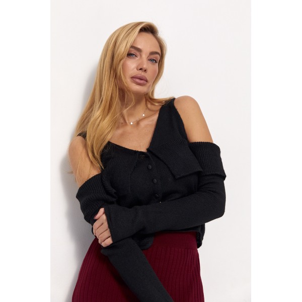 Пуловер женский акриловый открытые плечи волан черный Lurex