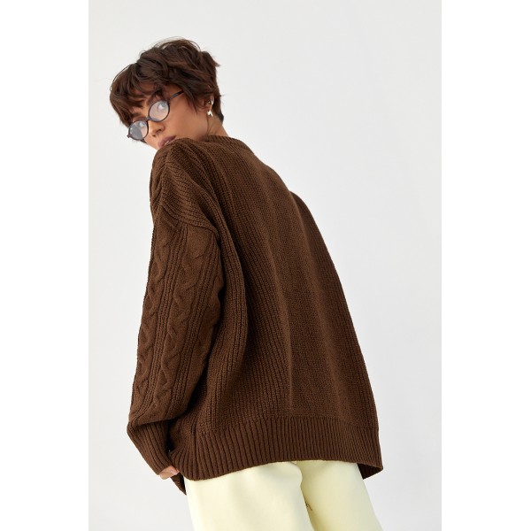 Кофта женская вязаная оверсайз узор косички коричневая Lurex