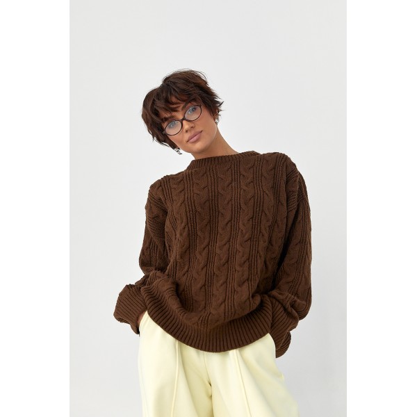 Кофта женская вязаная оверсайз узор косички коричневая Lurex