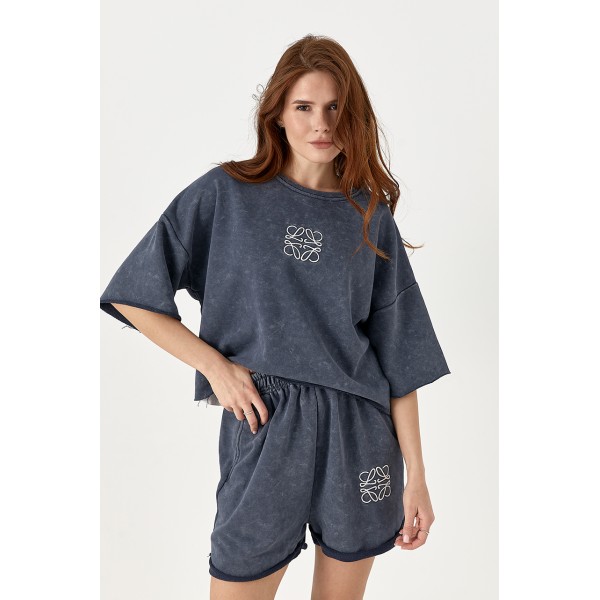Костюм женский хлопковый тай-дай с футболкой и шортами серый Lurex
