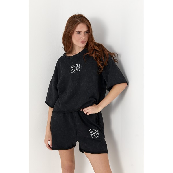 Костюм женский хлопковый тай-дай с футболкой и шортами черный Lurex