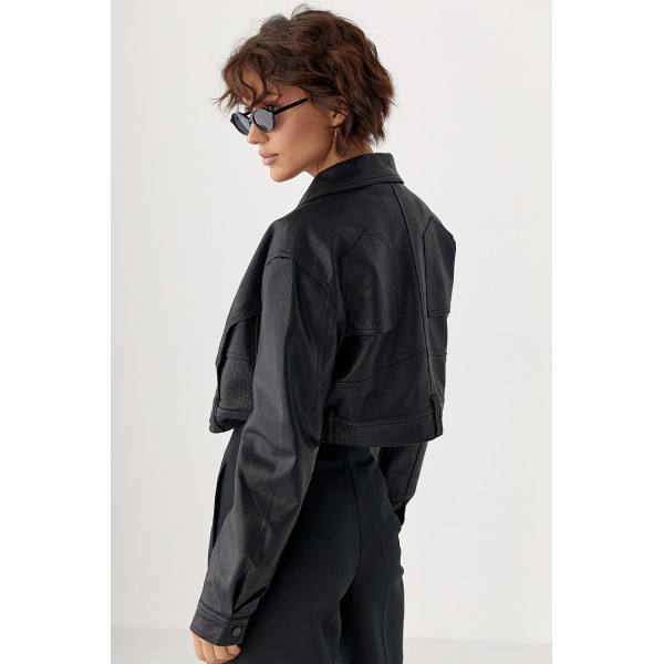 Куртка жіноча з екошкіри укорочена чорна Lurex