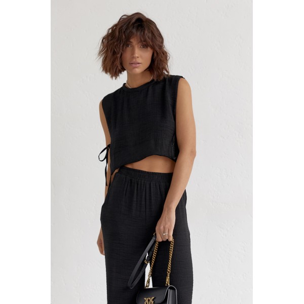 Женский поликоттоновый костюм с брюками и топом черный Lurex