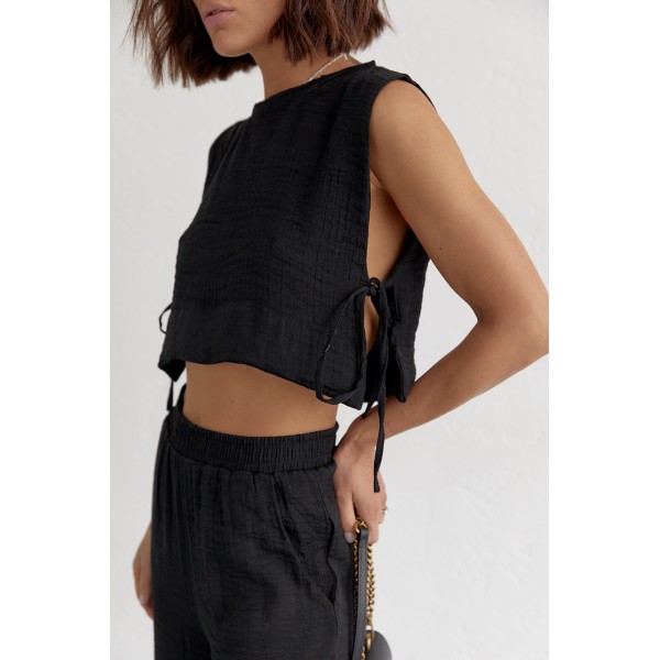 Женский поликоттоновый костюм с брюками и топом черный Lurex