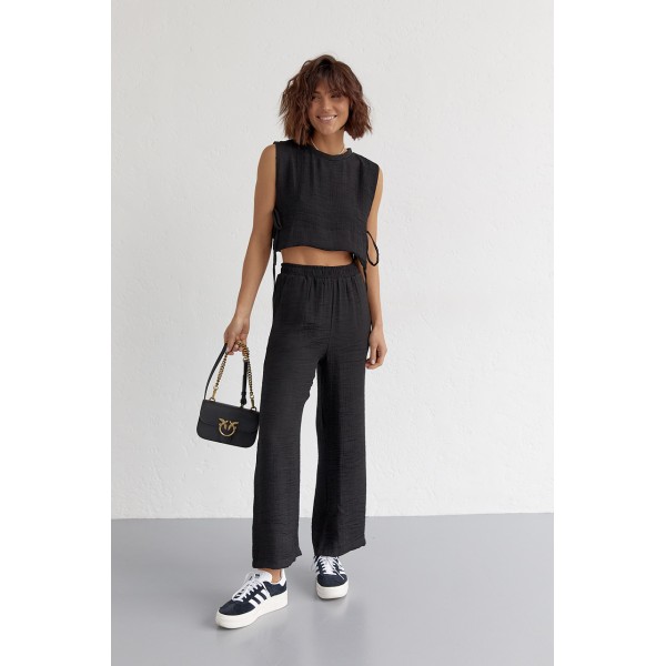 Женский поликоттоновый костюм с брюками и топом черный Lurex