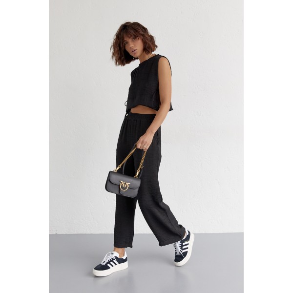 Женский поликоттоновый костюм с брюками и топом черный Lurex