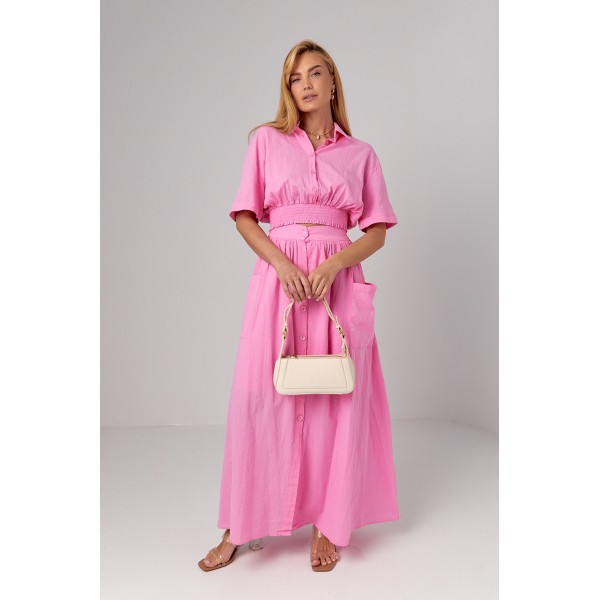 Костюм женский из жатки с юбкой и блузой розовый Lurex
