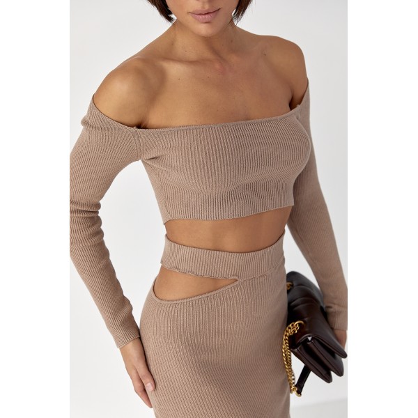 Костюм жіночий трикотажний кроп-топ і спідниця коричневий Lurex