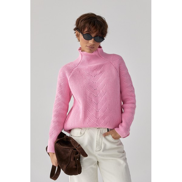 Свитер женский хлопковый с узором косички розовый Lurex
