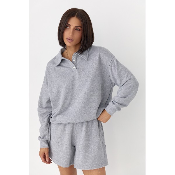 Костюм жіночий бавовняний з капюшоном та шортами сірий Lurex