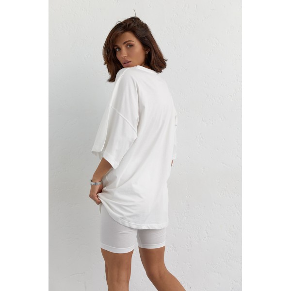 Костюм женский трикотажный футболка oversize и велосипедки молочный Lurex