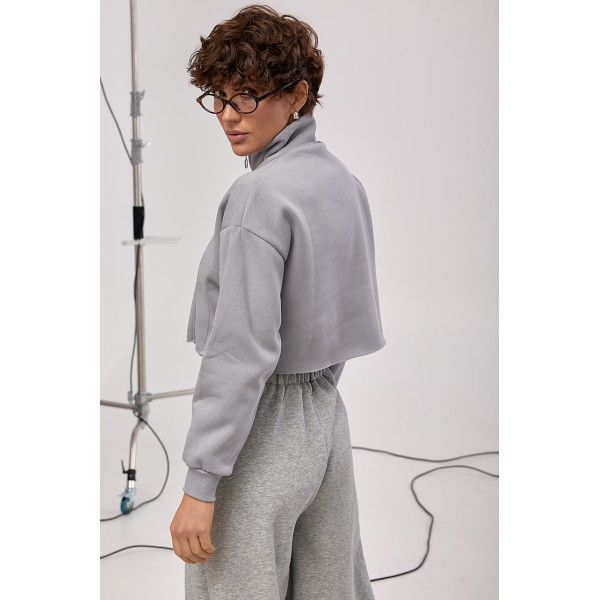 Свитшот женский хлопковый укороченный с молнией серый Lurex