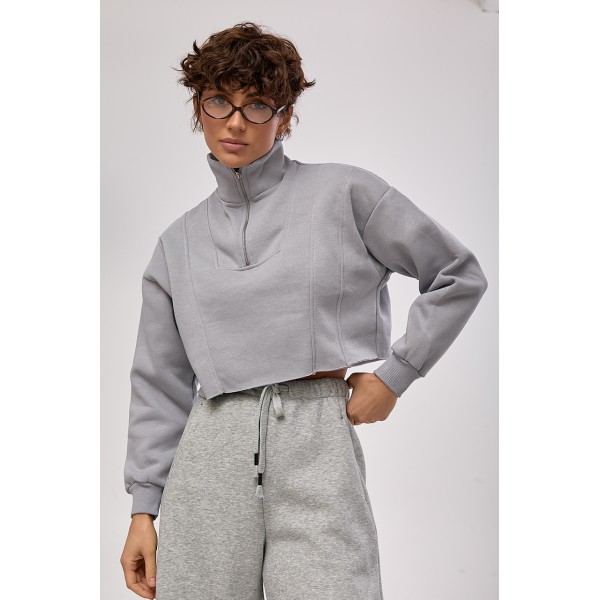 Свитшот женский хлопковый укороченный с молнией серый Lurex