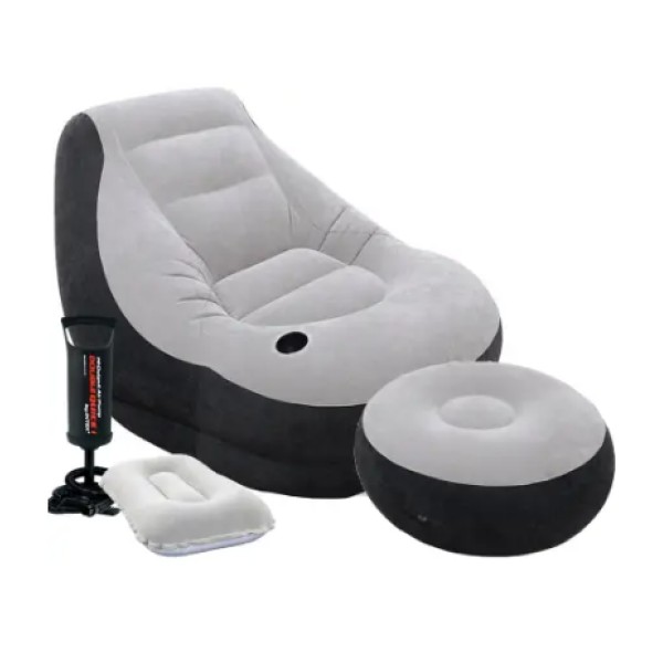 Надувное кресло Intex Ultra Lounge с пуфом черно-серое Intex