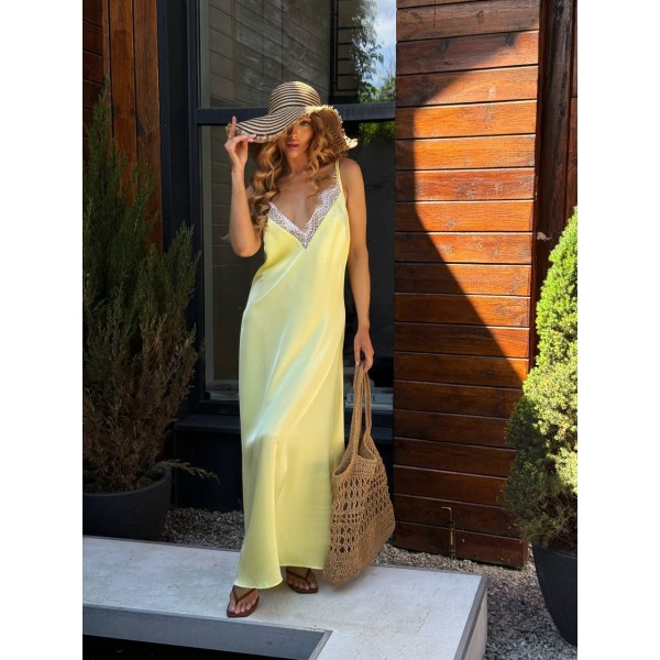 Плаття жіноче шовкове з мереживом жовте k-ton