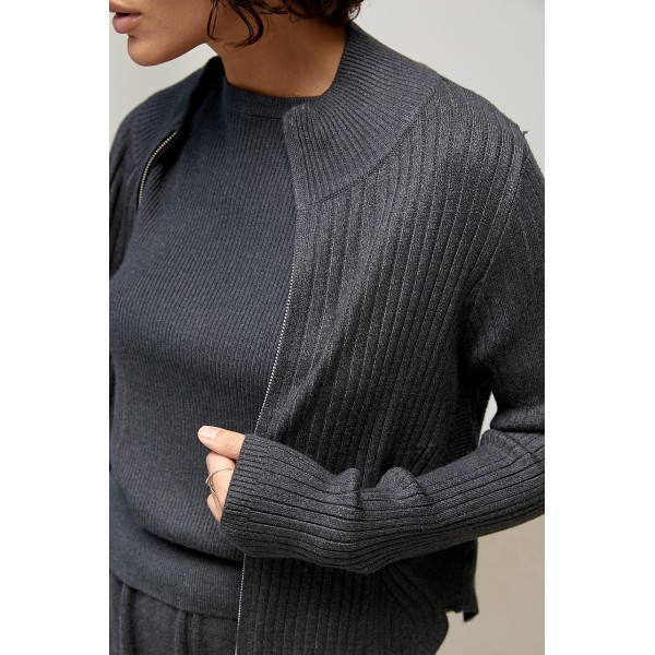 Костюм женский вязаный темно-серый кардиган тройка Lurex