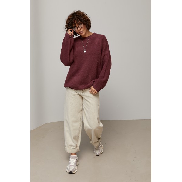 Подовжений в’язаний джемпер oversize - баклажан ONE SIZE 76804