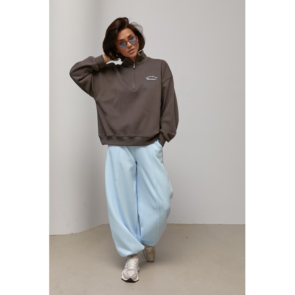 Теплий світшот oversize з коміром на блискавці - кавовий ONE SIZE