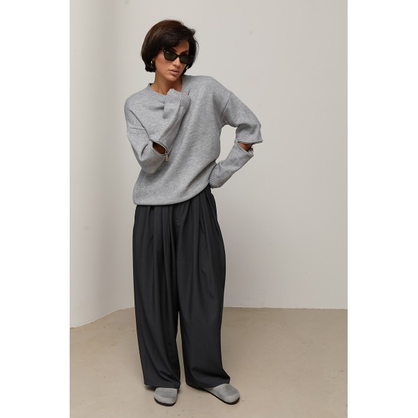 Джемпер oversize з декоративними блискавками на рукавах - сірий ONE SIZE 76798