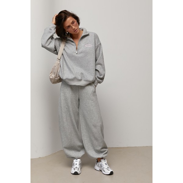 Теплий світшот oversize з коміром на блискавці - сірий ONE SIZE