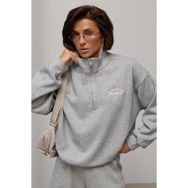 Теплий світшот oversize з коміром на блискавці - сірий ONE SIZE