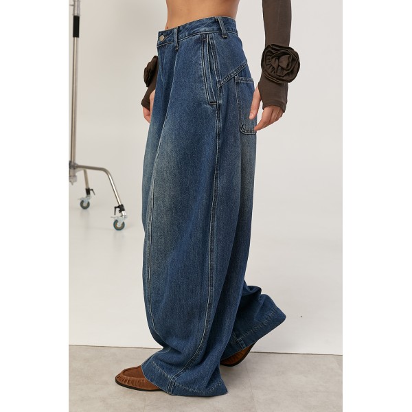 Широкі джинси Baggy з декоративними швами спереду - синій S 76842