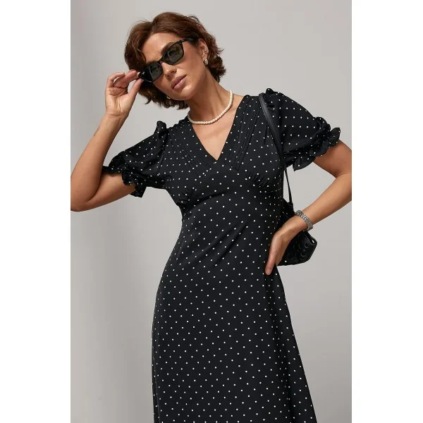 Сукня жіноча максі горох рюші чорна Lurex